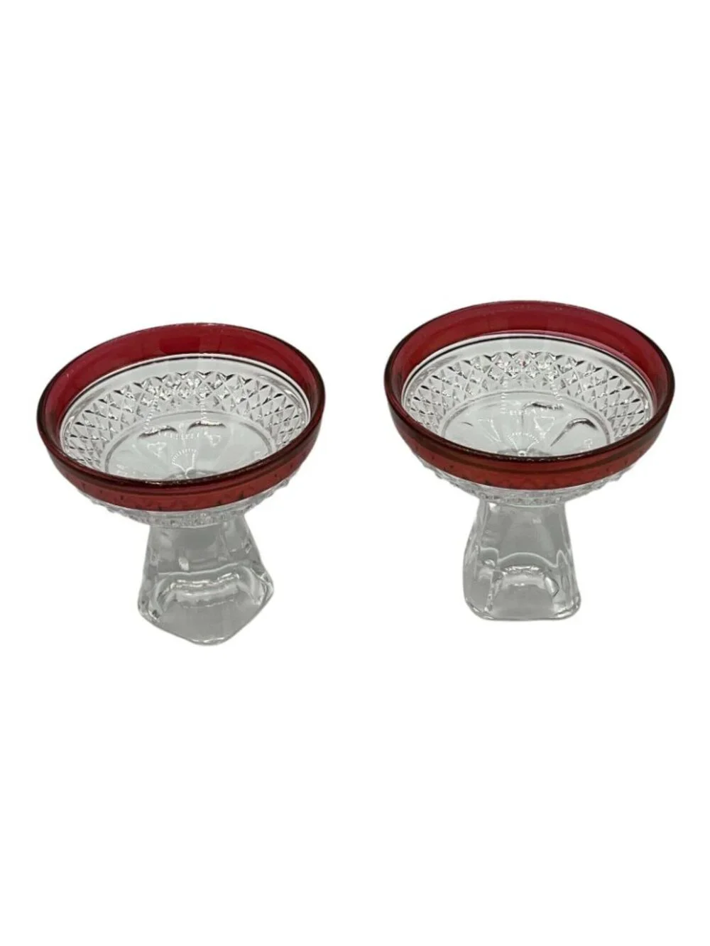 Clear Glass Sherbet Cups Red Green Rim Pedestal Dessert Bowls Set - Picture 9 of 9